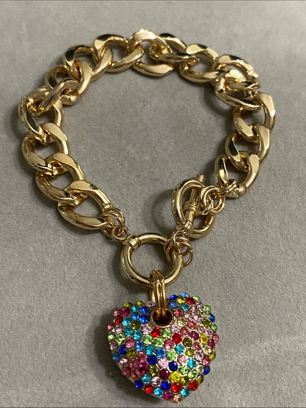 Gold Chain Bracelet with Multicolor Crystal Heart Charm